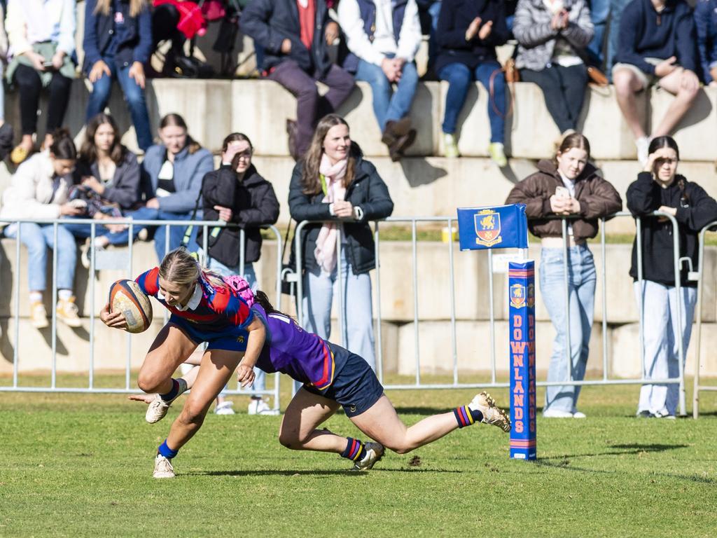 Erin Chandler scores a try for Downlands in the final game against Glennie in rugby sevens Selena Worsley Shield on Grammar Downlands Day at Downlands College, Saturday, August 6, 2022. Picture: Kevin Farmer