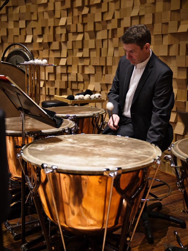 Matt Goddard on timpani with the Tasmanian Symphony Orchestra. Picture: Supplied.