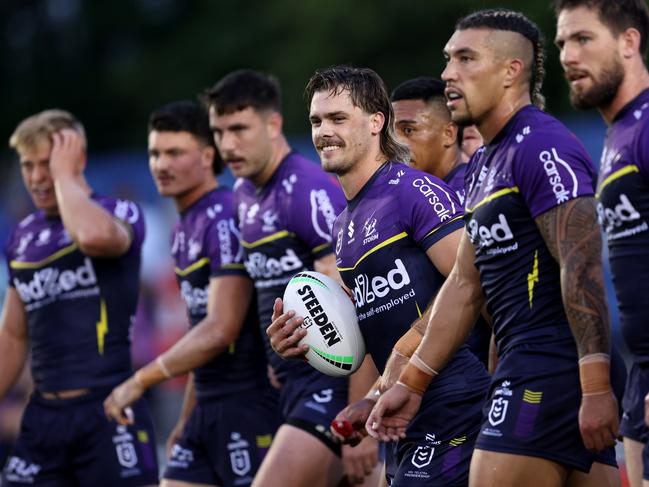 SYDNEY, AUSTRALIA - FEBRUARY 15: Ryan Papenhuyzen of the Storm looks on during the NRL Pre-season challenge match between Canterbury Bulldogs and Melbourne Storm at Belmore Sports Ground on February 15, 2024 in Sydney, Australia. (Photo by Brendon Thorne/Getty Images)