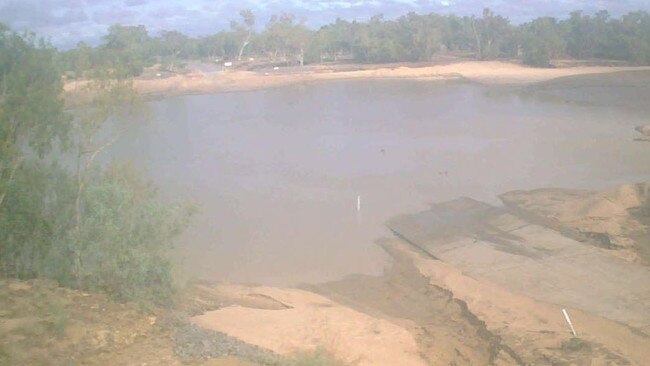 A Richmond Shire flood camera at Croydon Road in Richmond showing a flooded crossing.