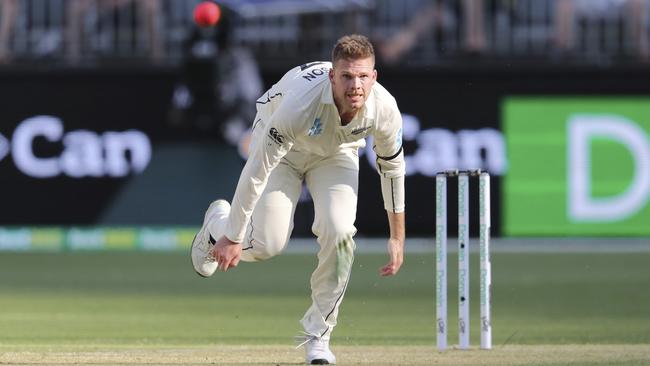 New Zealand quick Lockie Ferguson bowls to Australia’s Steve Smith during the first day’s play in the first Test at Perth Stadium. Picture: AP
