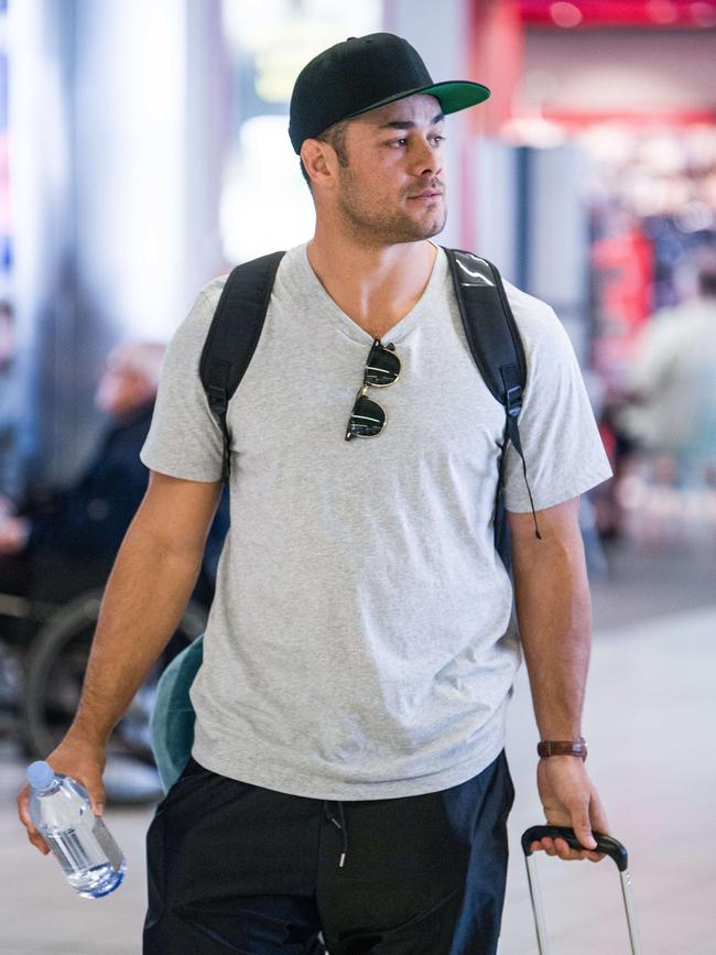 Jarryd Hayne at Sydney Airport where he boarded a Virgin Australia Flight to Perth. Picture: James Gourley