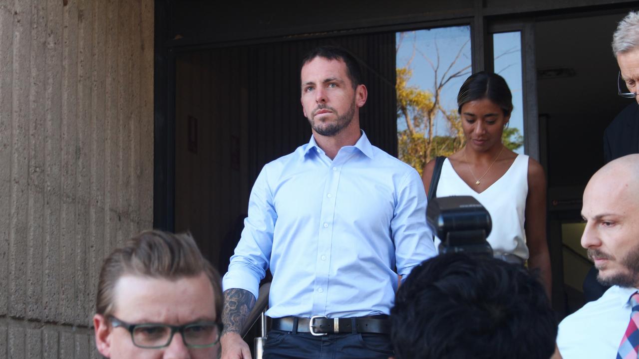 Former NT Police constable Zach Rolfe leaves the Alice Springs Local Court in February after giving evidence at an inquest into the death of Kumanjayi Walker. Picture: Jason Walls