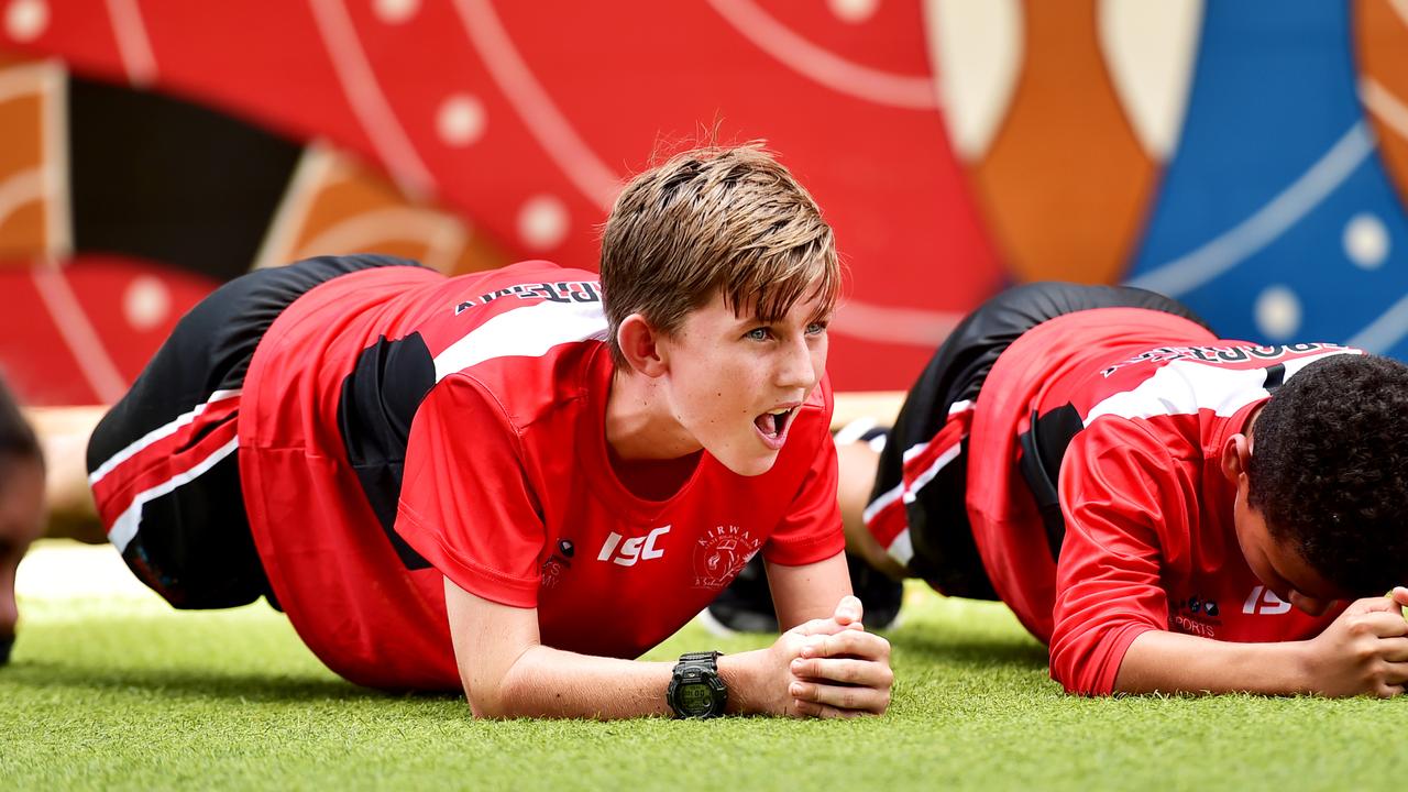 Brae testing out his planking ability at Kirwan State High School, Qld. Picture: Alix Sweeney