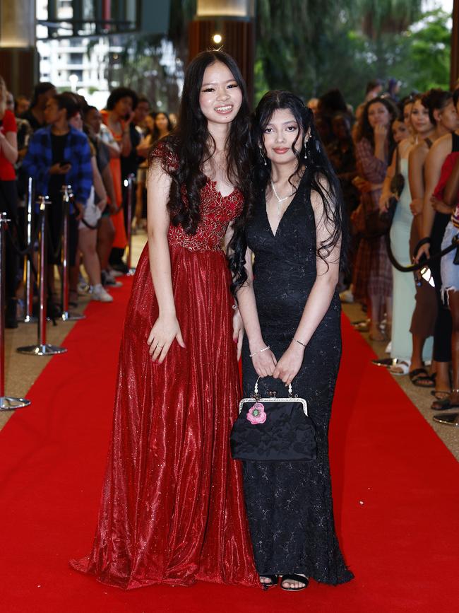 Shrijana Basnet and Sarika Rai arrive at the Trinity Bay High School formal evening, held at the Cairns Convention Centre. Picture: Brendan Radke