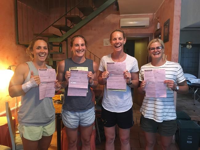 Australian kayakers (from left) Jaime Roberts, Cat McArthur, Alyce Wood and Aly Bull after completing drug tests in under an hour. It was a team personal best. Picture: Supplied.