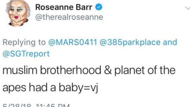 The racist tweet which ended the ABC's reboot of the Roseanne show. Picture:  Twitter