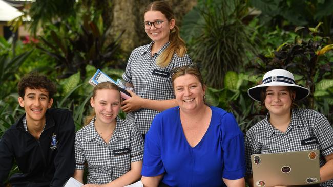 Cathedral Schoolteacher Bonnie Nicholas with Jesse, Buell, 15, Gemma Gillander, 16, Tess Heazlewood, 17, and Gemma Muller, 16. Picture: Evan Morgan