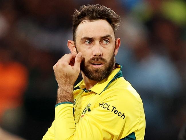 DHARAMSALA, INDIA - OCTOBER 28: Glenn Maxwell of Australia looks on after a missed opportunity during the ICC Men's Cricket World Cup India 2023 Group Stage Match between Australia and New Zealand at HPCA Stadium on October 28, 2023 in Dharamsala, India. (Photo by Robert Cianflone/Getty Images)