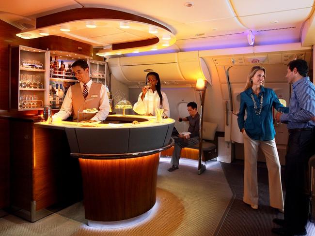 A bar in the first and business class lounge on board Emirates A380 planes.