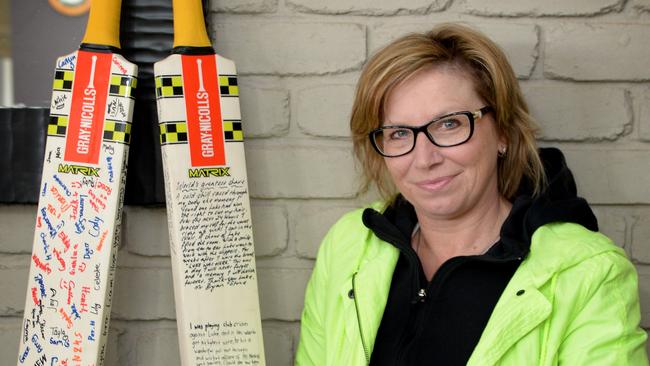 Rosie Batty was presented with cricket bats signed by her son Luke’s fellow students in honour of his birthday on June 20th.