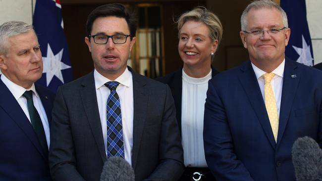 Deputy Prime Minister Michael McCormack with David Littleproud, Bridget McKenzie and Prime Minister Scott Morrison. Mr Littleproud is in contention for deputy Nationals leader if Senator McKenzie goes. Picture: Gary Ramage