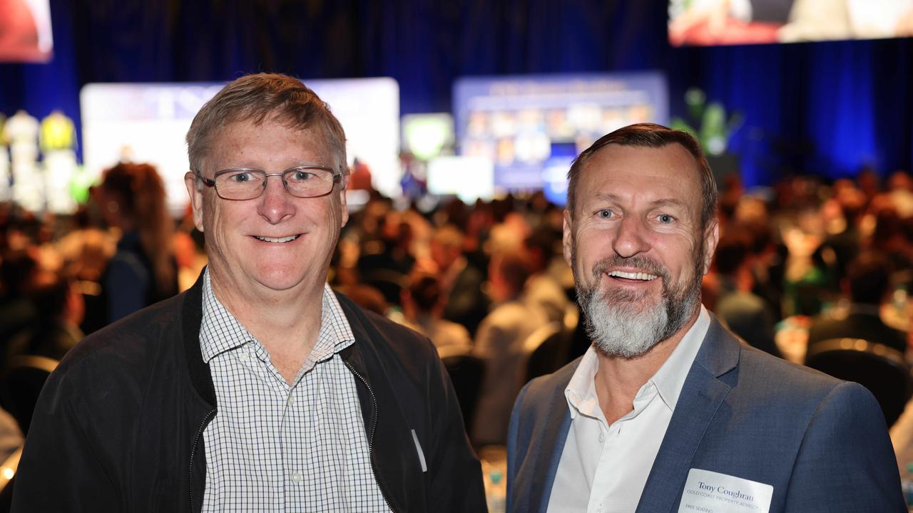 Drew Stephenson and Tony Coughran at the TSS Foundation Breakfast, Gold Coast Convention and Exhibition Centre. Picture, Portia Large.