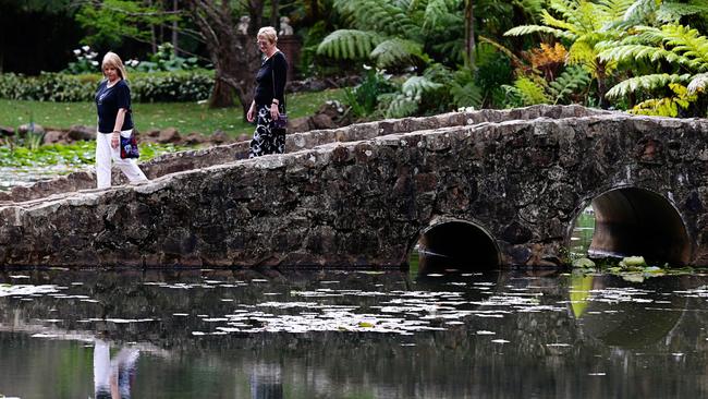 Visitors wander over a bridge at the Tamborine Mountain Botanic Gardens. Picture: Adam Head