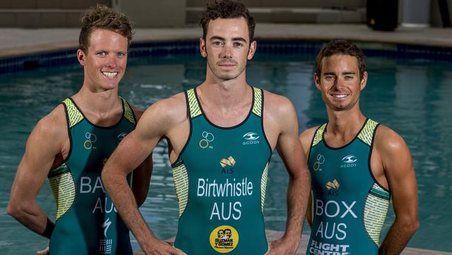 Triathlon hopefuls Ryan Bailie, left, Jake Birtwhistle and Drew Box. Picture: Jerad Williams