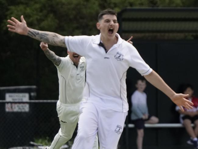 Dandenong District cricket CA: Springvale South v Narre Warren. Springvale South batsman Mitchell Forsyth is out. Picture: Valeriu Campan