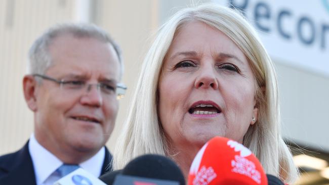 Australian Prime Minister Scott Morrison and Federal Minister for Industry, Science and Technology Karen Andrews speak to the media following a tour of the Downer Recycling Processing Facility in Sydney, Tuesday, August 13, 2019. The Prime Minister today announced a new $20 million dollar commitment for innovative projects to grow Australia's domestic recycling industry. (AAP Image/Dean Lewins) NO ARCHIVING