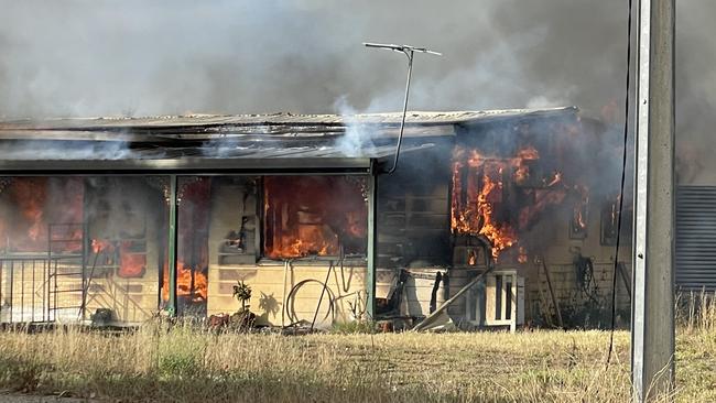 The Tailem Bend home completely engulfed in flames. Picture: Dylan Hogarth