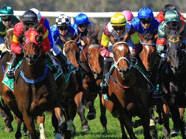 Loving home ridden by Tye Angland  (yellow cap, maroon with yellow armbands) wins race 1 during Scone  Races located in the Upper Hunter Region of NSW. The Bend . Pic Jenny Evans
