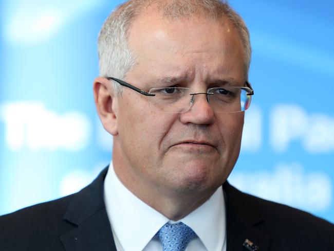 Prime Minister Scott Morrison speaks to the media at the South Australian Liberal party Annual General Meeting at the Adelaide Convention Centre in Adelaide, Saturday, August 17, 2019.  (AAP Image/Kelly Barnes) NO ARCHIVING