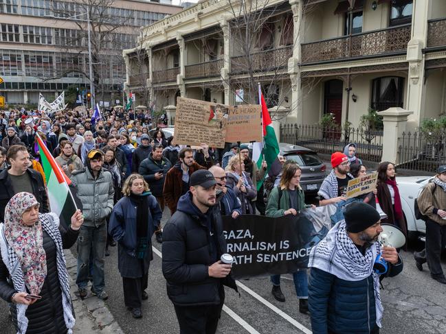 Protesters rally at the University of Melbourne over disciplinary hearings for the encampment participants. Picture: Jason Edwards