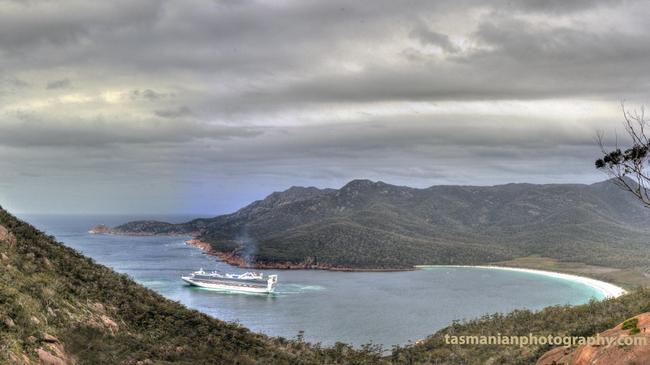 The cruise ship Golden Princess visits Wineglass Bay on December 18. Picture: KIP NUNN