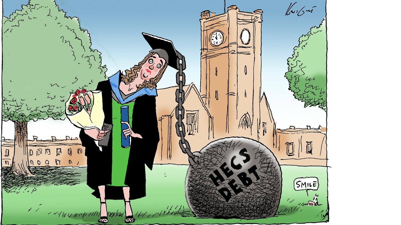 Herald Sun cartoonist Mark Knight's HECS debt ball cartoon highlights the financial burden facing today’s university students. Picture: Mark Knight