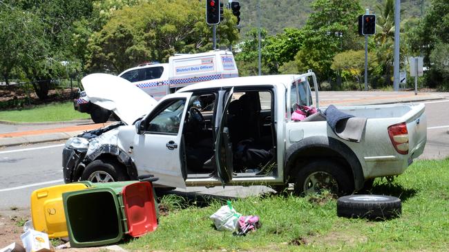 A stolen dual cab ute crashed into a pole at Garbutt. Picture: Natasha Emeck