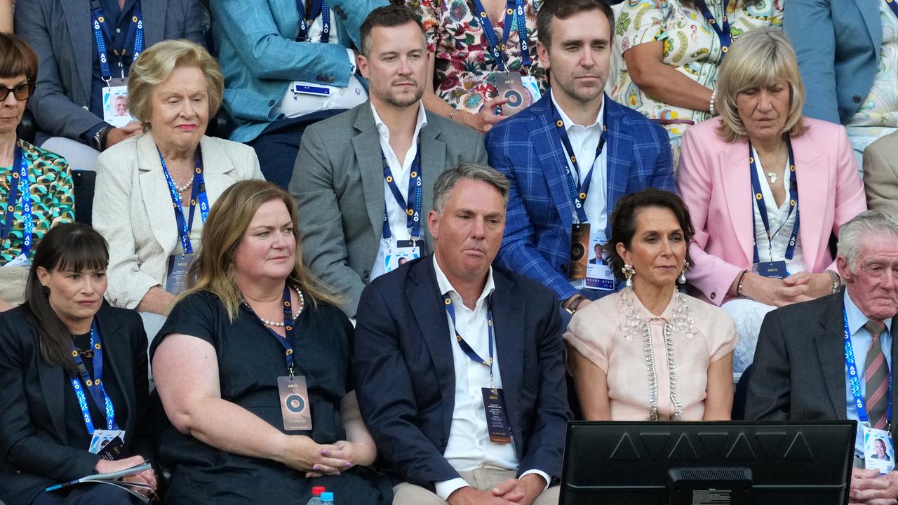 Richard Marles at the men’s Australian Open final alongside wife Rachel Schutze (left) and Virgin Australia boss and Tennis Australia president Jayne Hrdlicka. Picture: Luis Enrique Ascui.