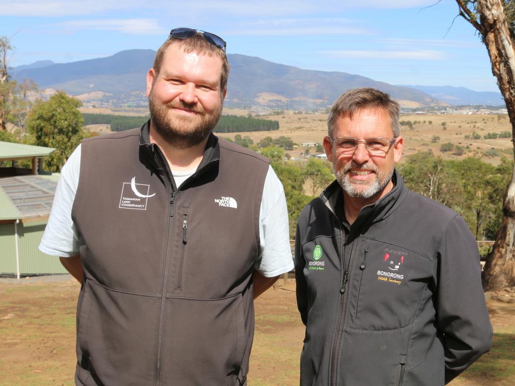 Conservation ecologist with the Tasmanian Land Conservancy and adjunct researcher at University of Tasmania Dr David Hamilton and Bonorong primary care director Matt Clement. Picture: Elise Kaine