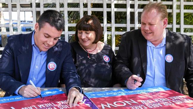 AGED CARE: Labor candidate for Flynn Zac Beers, Queensland Nurses and Midwives Union secretary Beth Mohle and Labor candidate for Hinkler Richard Pascoe are fighting for staff ratios in aged care. Picture: TAHLIA STEHBENS