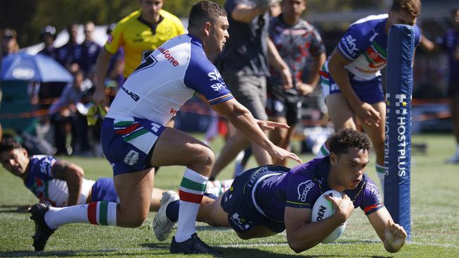 Xavier Coates of the Storm scores a try in the trial match against the Warriors. Photo: Daniel Pockett/Getty Images