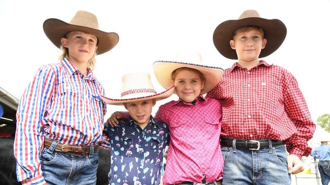 Erin (left), Callum Alannah and Rory McUtchen from Jandowae competed with their South Devon cattle Heritage Bank Toowoomba Royal Show. Saturday March 26, 2022