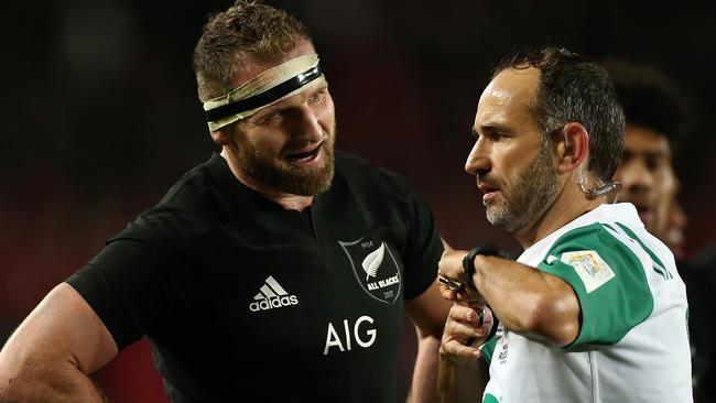 Captain Kieran Read of New Zealand speaks with referee Romain Poite after the decision to overturn an off-side ruling during the final minutes of the deciding Test in the Lions series of 2017 Picture: AAP