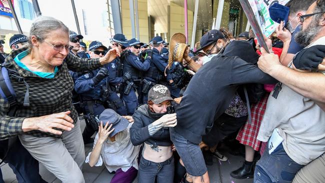 Climate change protesters blockade the IMARC conference in Melbourne. Picture: Jake Nowakowski