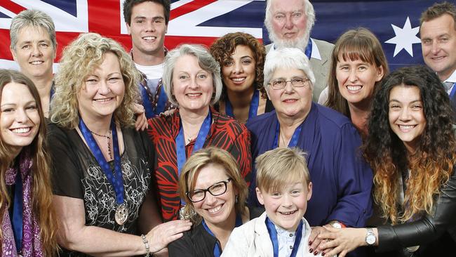 Pride of Australia Medal Winners. L-R Young Leader Sissy-Amelia, Heroism Jenny Wiltshire, Care and Compassion Lisa Gray, Young Leader Will Austin, Outstanding Bravery Jo McIntyre, Courage medal Rosie Batty, Outstanding Bravery Rebecca Barbara, Child of Courage Eric Watkins, Fair Go medal Gina Poulos, Environment medal Les Smith, Community Spirit Melinda Shelley, Inspiration medal Katherine Tsagaris and Heroism medal Danny Shaddock. Picture: David Caird.