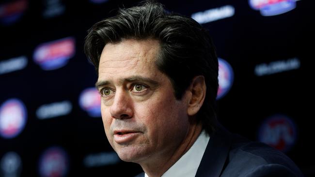 MELBOURNE, AUSTRALIA – JULY 05: Gillon McLachlan, Chief Executive Officer of the AFL speaks with media during an AFL Press Conference announcing the resignation of Steve Hocking at Marvel Stadium on July 05, 2021 in Melbourne, Australia. (Photo by Michael Willson/AFL Photos via Getty Images)