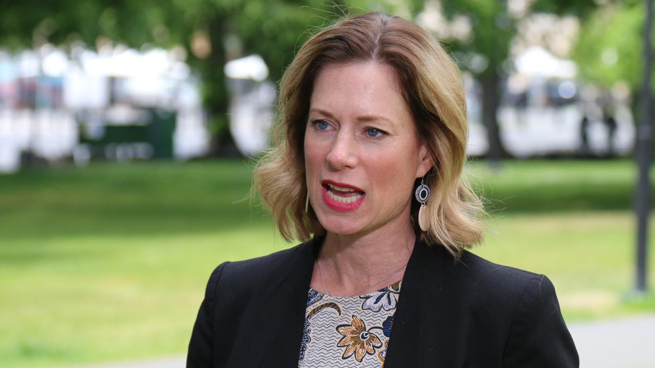 Opposition leader Rebecca White speaks to the media on Parliament Lawns in Hobart.