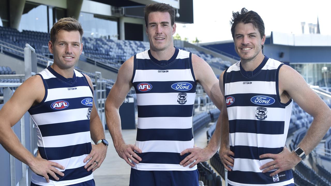 Geelong recruits Shaun Higgins, Jeremy Cameron and Isaac Smith. Picture: Alan Barber