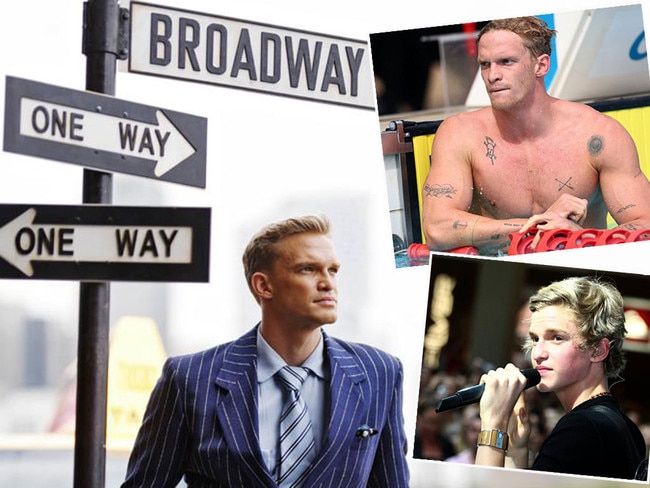 Cody Simpson is preparing to take to the stage in Guys & Dolls, main picture, adding musical theatre to a buldging CV which already boasts elite swimmer, top right, and pop singer, bottom right. Pictures: Sam Ruttyn (using AI assistance)/Getty Images/Supplied