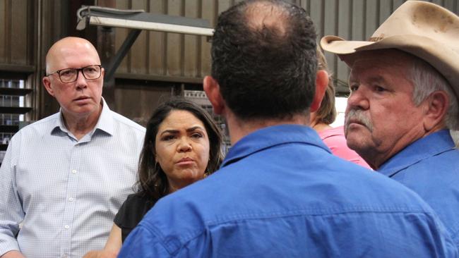 CLP Lingiari Candidate Lisa Seibert, Federal Opposition leader Peter Dutton and Shadow Indigenous Australians Minister Jacinta Nampijinpa Price talk with Ross Engineering and Hardy Fence staff in the company's Alice Springs factory on Wednesday, January 30, 2025. Picture: Gera Kazakov