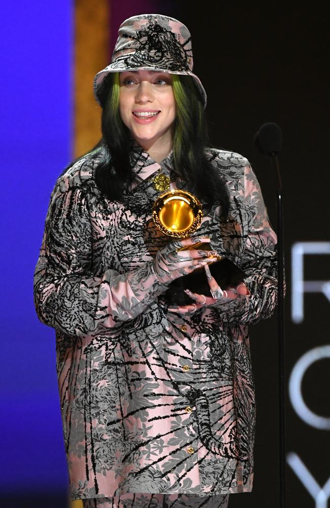 Billie Eilish accepts the Record of the Year award for 'Everything I Wanted' onstage during the 63rd Annual Grammy Awards. Picture: Getty Images