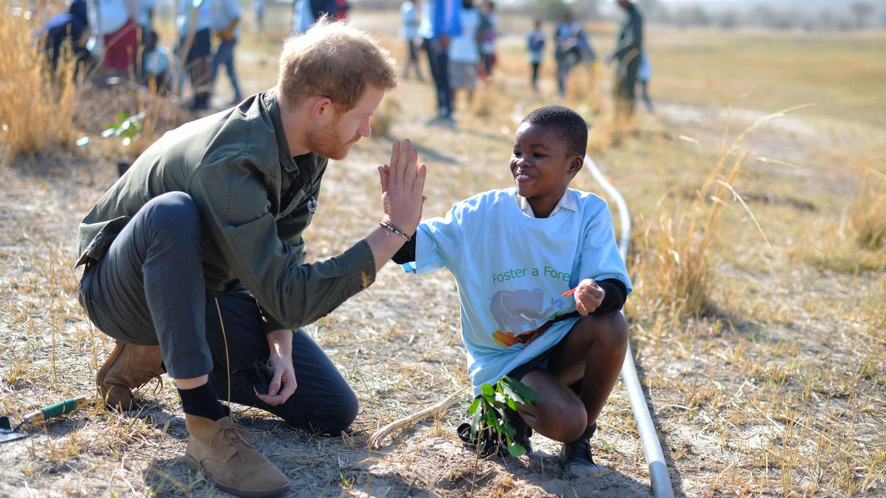 Prince Harry helped local schoolchildren plant trees at the Chobe Tree Reserve in Botswana in 2019. Picture: Dominic Lipinski – Pool /Getty Images