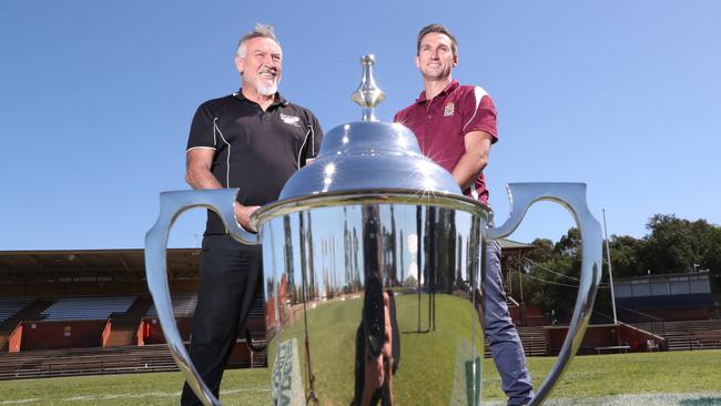 17.9.2019.Garry McIntosh and Brett Backwell are opposing coaches in Saturday's amateur football grand final between Payneham Norwood Union and  PAOC. Believed the first time Magarey medallists will be opposed as coaches at this level in a div one grand final. Garry and Brett at Thebarton Oval. PIC TAIT SCHMAAL.