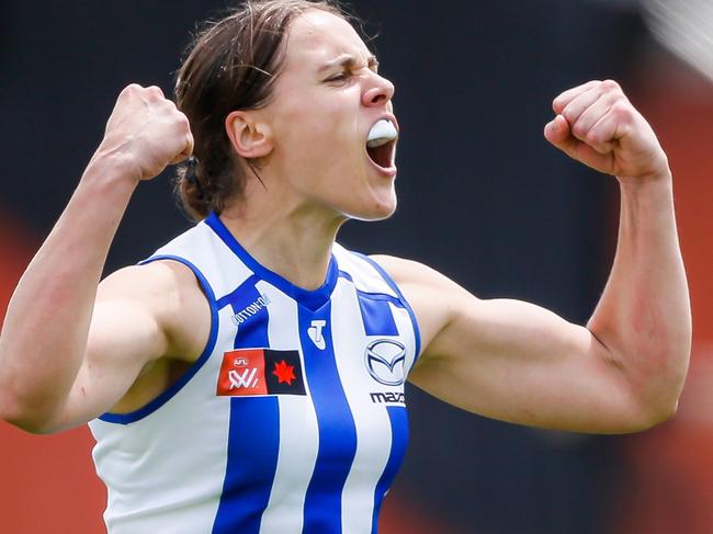 MELBOURNE, AUSTRALIA - NOVEMBER 12: Jasmine Garner of the Kangaroos celebrates a goal during the 2022 S7 AFLW First Semi Final match between the Richmond Tigers and the North Melbourne Kangaroos at Swinburne Centre on November 12, 2022 in Melbourne, Australia. (Photo by Dylan Burns/AFL Photos via Getty Images)