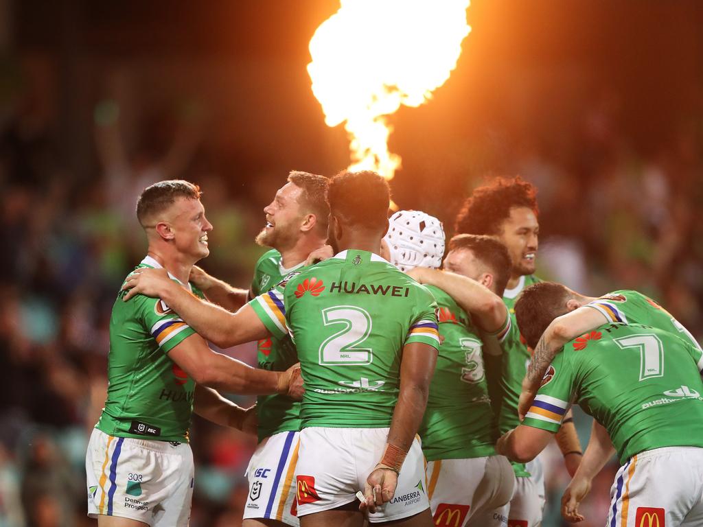 Canberra's Jack Wighton celebrates after scoring the match-sealing try. Picture: Brett Costello