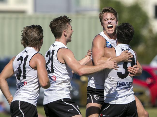 Southport Sharks player Michael Manteit celebrates kicking a goal against Redland in Round 1 of the 2019 NEAFL season at Fankhauser Reserve on Saturday, April 6. Picture credit: TJ Yelds, NEAFL.