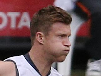 Melbourne v Greater Western Sydney at the M.C.G, Melbourne Australia. 17th August 2014. Greater Western Sydney's Rhys Palmer celebrates his goal in the first quarter. Pic :George Salpigtidis.