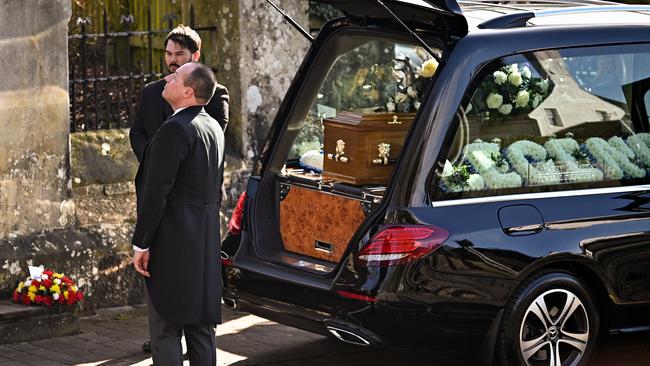 AYR, SCOTLAND - FEBRUARY 25: The hearse carrying entertainer Sydney Devine arrives at Alloway Parish Church for his funeral service on February 25, 2021 in Ayr, Scotland. Scottish singer, Sydney Devine, was born in January 1940 in Bellside, a settlement near Cleland, North Lanarkshire. He recorded 51 Albums during his career and was best known for the song "Tiny Bubbles". In 2003 he was made a Member of the British Empire for services to music. He died in February 2021. (Photo by Jeff J Mitchell/Getty Images)