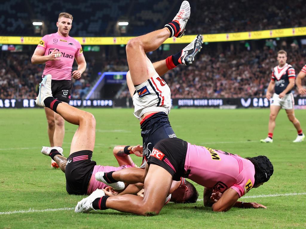 This acrobatic finish from Joey Manu was denied by the Bunker. Picture: Cameron Spencer/Getty Images